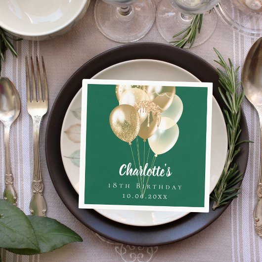Verjaardag groene gouden ballonnen servet