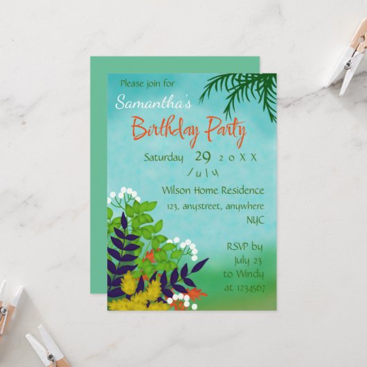 Verjaardag Groene Tuin Blauwe Hemel Thema Kaart (Voorkant / Achterkant in situ)