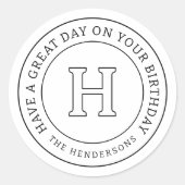 Verjaardag Groet Chic Modern Family Monogram Ronde Sticker (Voorkant)