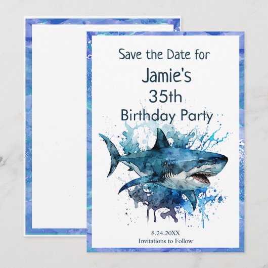 Verjaardag haai, haaienaanval, save the date (Voorkant / Achterkant)