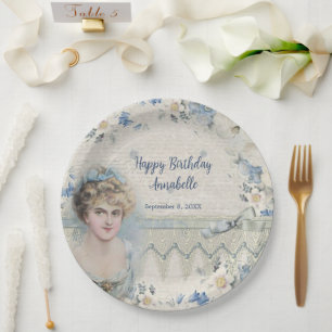 Verjaardag Haar Vintage Victoriaanse Dame Blauwe B Papieren Bordje