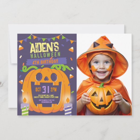 Verjaardag Halloween Kinder Partij Pompoen Foto Kaart (Voorkant)