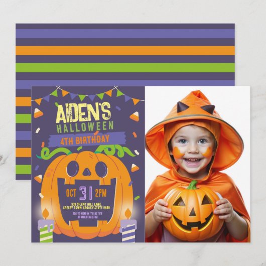 Verjaardag Halloween Kinder Partij Pompoen Foto Kaart (Voorkant / Achterkant)