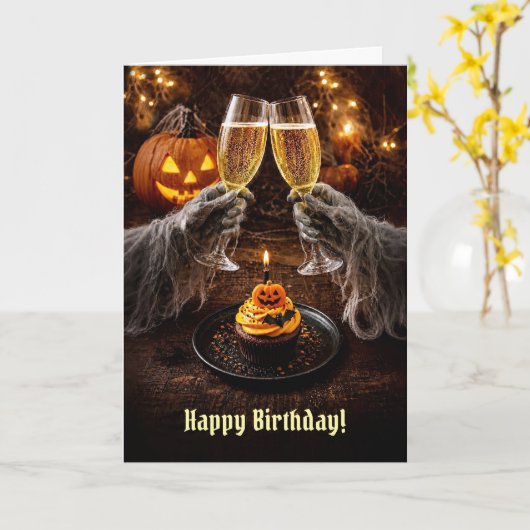 Verjaardag Halloween met Cupcake Champagne Kaart (Gele Bloem)