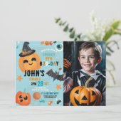 Verjaardag Halloween Pumpkin Blue Party Foto Kaart (Staand voorkant)