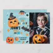 Verjaardag Halloween Pumpkin Blue Party Foto Kaart (Voorkant / Achterkant)