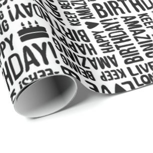 Verjaardag Hand Typografie in Zwart op Wit Cadeaupapier