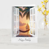 Verjaardag hangmat met oceaan Uitzicht in het raam Kaart (Gele Bloem)