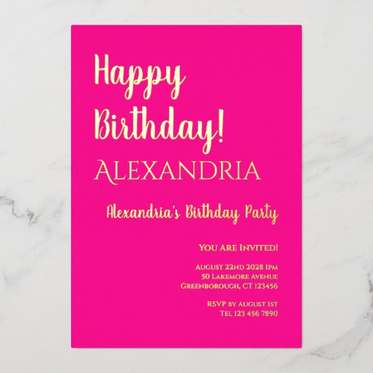 Verjaardag Heet Roze Gelukkige Verjaardag Echt Gou Folie Uitnodiging (Voorkant)