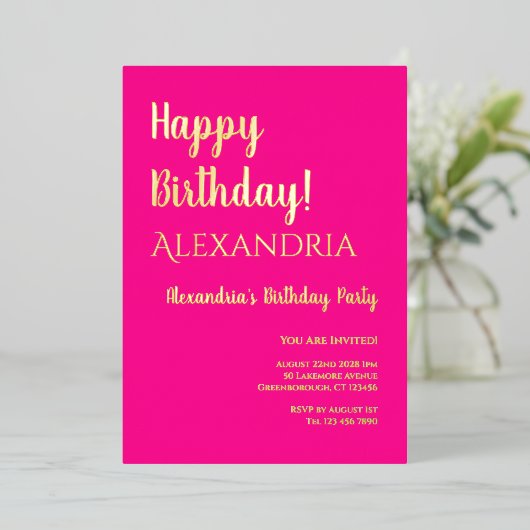 Verjaardag Heet Roze Gelukkige Verjaardag Echt Gou Folie Uitnodiging (Staand Voorkant)