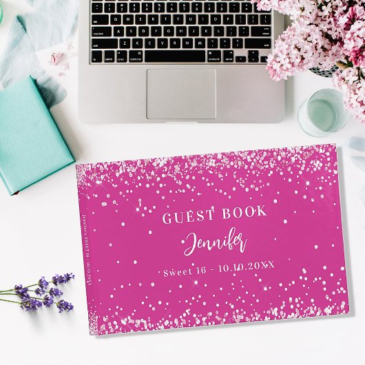 Verjaardag heet roze glitter meisje glamoureus gastenboek
