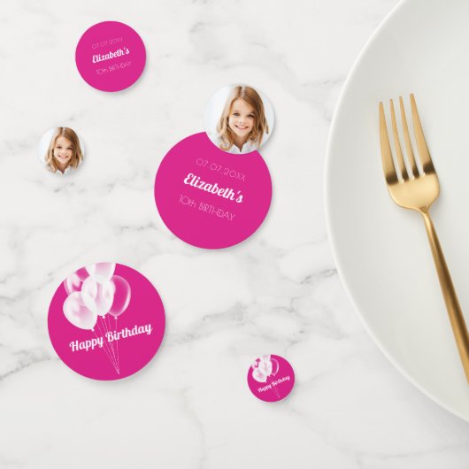 Verjaardag heet roze witte ballonnen foto meisje confetti (Groep)