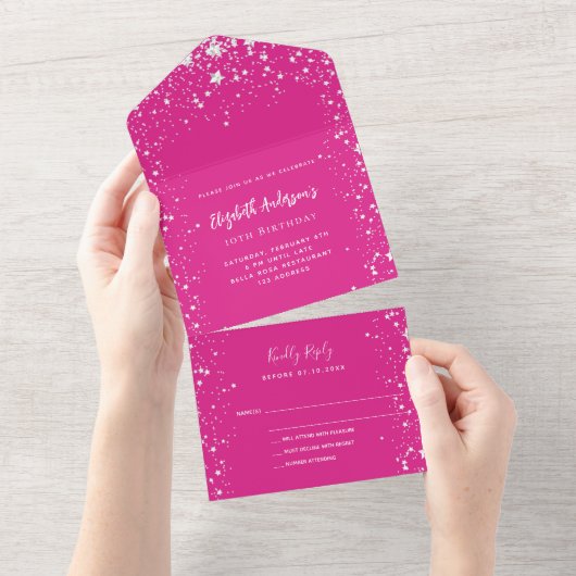 Verjaardag heet roze witte sterren RSVP All In One Uitnodiging (Afscheurbaar)