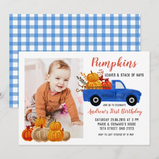 Verjaardag herfst blauwe vrachtwagen pompoen met f kaart (Voorkant / Achterkant)