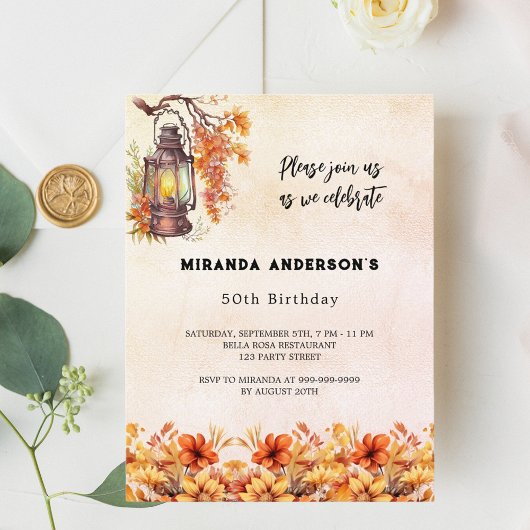 Verjaardag herfst bloemen sinaasappel vintage uitnodiging briefkaart