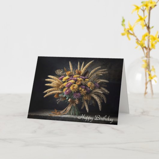 Verjaardag Herfst Tarwe Stalks en Mum Bouquet Kaart (Gele Bloem)
