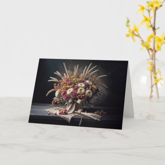 Verjaardag Herfst Tarwe Stalks en Mum Bouquet Kaart (Gele Bloem)