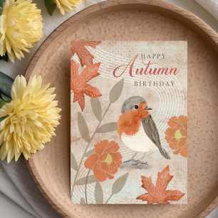 Verjaardag Herfstbladeren Bloemen en Roodborstje  Kaart