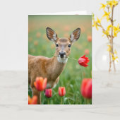 Verjaardag hert met een rode tulp kaart (Gele Bloem)
