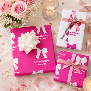 Verjaardag hete roze strik witte meisje inpakpapier vel