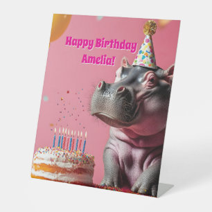 Verjaardag Hippo met taart en ballonnen Reclamebord Met Voetstuk