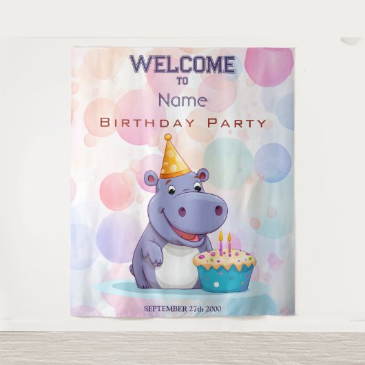 Verjaardag Hippo Party Achtergrond Wandkleed (Voorkant)
