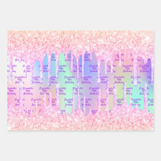 Verjaardag holografisch roze glitters drijft naam inpakpapier vel (Voorkant)