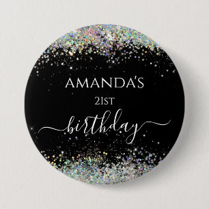 Verjaardag holografische glitters custom naam zwar ronde button 7,6 cm