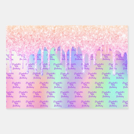 Verjaardag holografische roze glitter druipt naam inpakpapier vel (Voorkant 3)