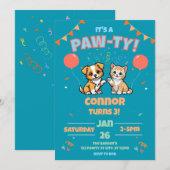 Verjaardag hond en kat Paw-ty Kaart (Voorkant / Achterkant)