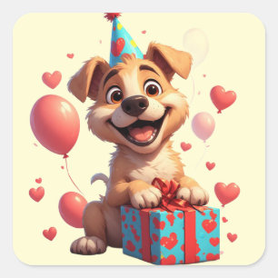 🐶 Verjaardag Hond Met Cadeau Ballonnen Vierkante Sticker