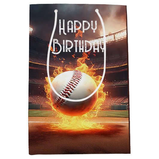 Verjaardag honkbal in brand medium cadeauzakje (Voorkant)