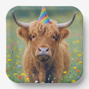 Verjaardag Hooglandrund met feestmuts Papieren Bordje