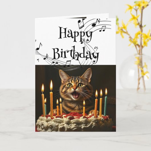 Verjaardag Humor Schattige Zingende Kat om U te ju Kaart (Gele Bloem)