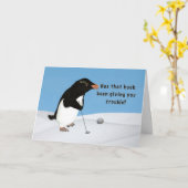 Verjaardag, humoristische pinguïn die golf speelt kaart (Gele Bloem)