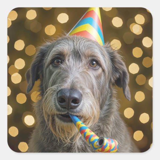 Verjaardag Ierse Wolfshond Hond Met Feestmuts Vierkante Sticker (Voorkant)