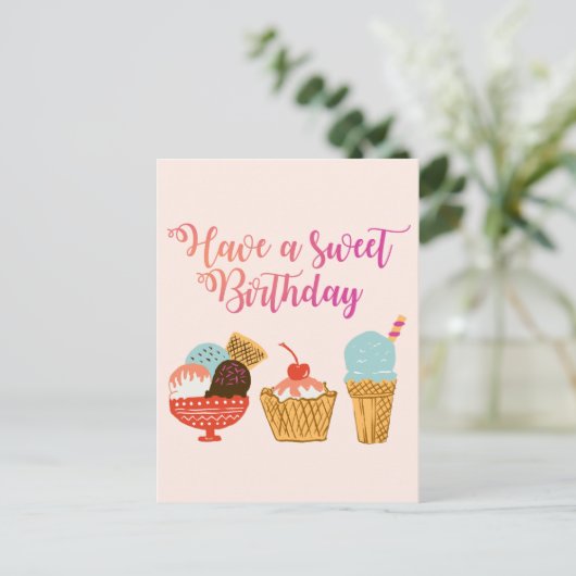 Verjaardag ijs & Sundae Girly Illustratie Briefkaart (Staand voorkant)