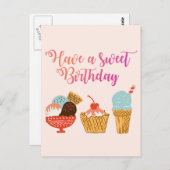 Verjaardag ijs & Sundae Girly Illustratie Briefkaart (Voorkant / Achterkant)