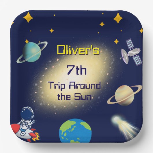 Verjaardag in de ruimte - Astronaut, Rocket & Gala Papieren Bordje (Voorkant)