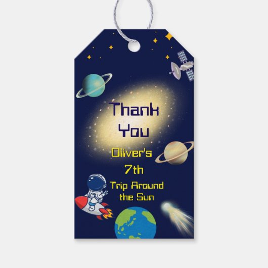 Verjaardag in de ruimte - Astronaut, Rocket, Galax Cadeaulabel (Voorkant)