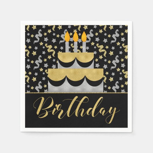 Verjaardag in goud en zilver op zwart servet (Voorkant)