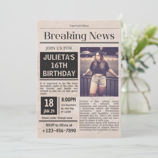 Verjaardag in unieke krantenstijl kaart (Staand voorkant)