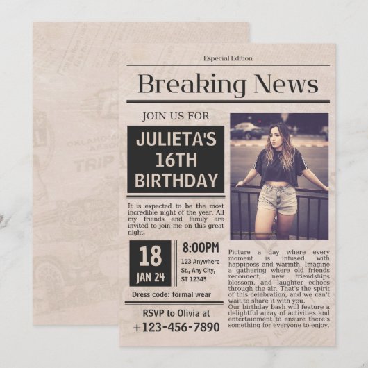 Verjaardag in unieke krantenstijl kaart (Voorkant / Achterkant)