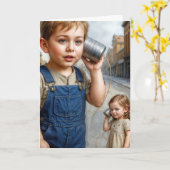 Verjaardag Jongen en Meisje met Tin Can Telefoon Kaart (Gele Bloem)