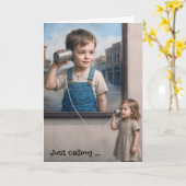 Verjaardag jongen en meisje met tinnen bliktelefoo kaart (Gele Bloem)