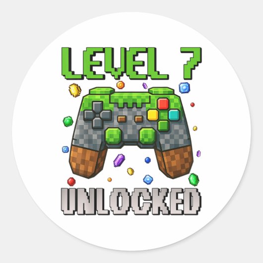 Verjaardag Jongen Level 7 Ontgrendeld 7e Verjaarda Ronde Sticker (Voorkant)