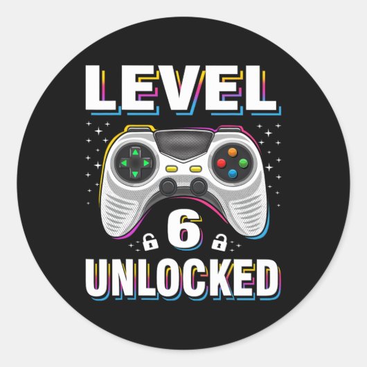 Verjaardag Jongen Niveau 6 Ontgrendelde Video Game Ronde Sticker (Voorkant)