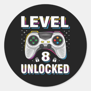 Verjaardag Jongen Niveau 8 Ontgrendelde Video Game Ronde Sticker