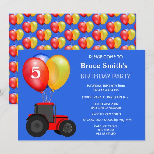 Verjaardag Jongen Rode Tractor en Ballonnen Kaart (Voorkant / Achterkant)