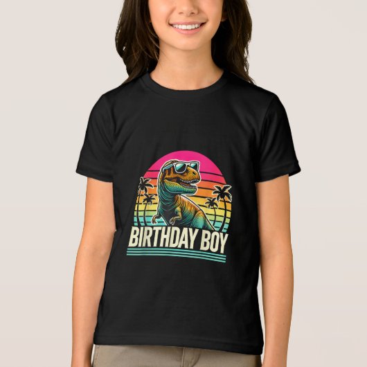 Verjaardag Jongen T-Rex Retro Sunset Cool  Tri-B Tri-Blend Shirt (Voorkant)